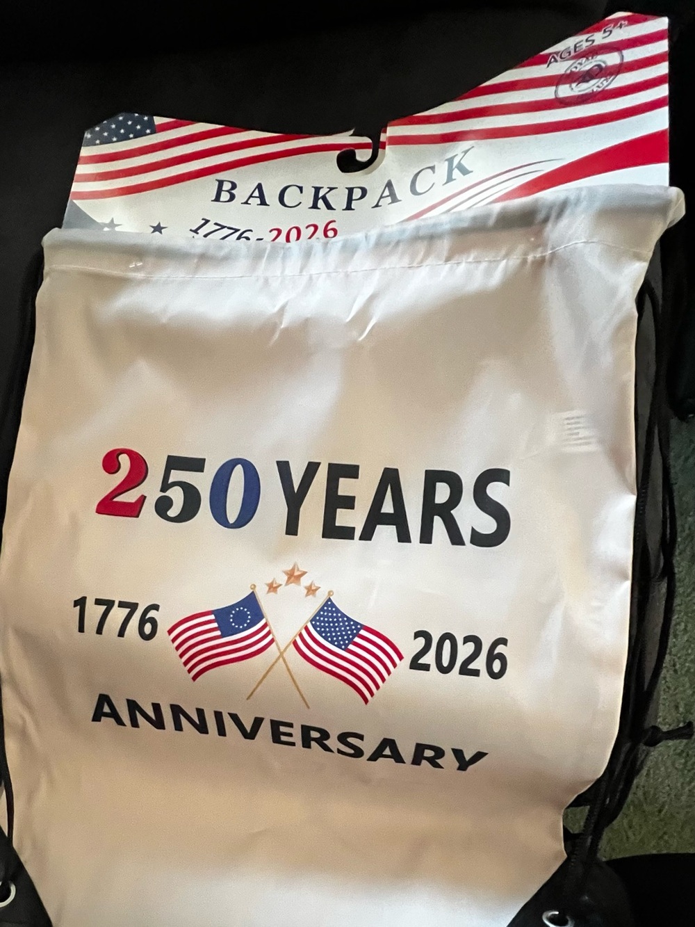 White 250 Years Anniversary Drawstring Backpack - Patriotic Kids Accessory. NWT.